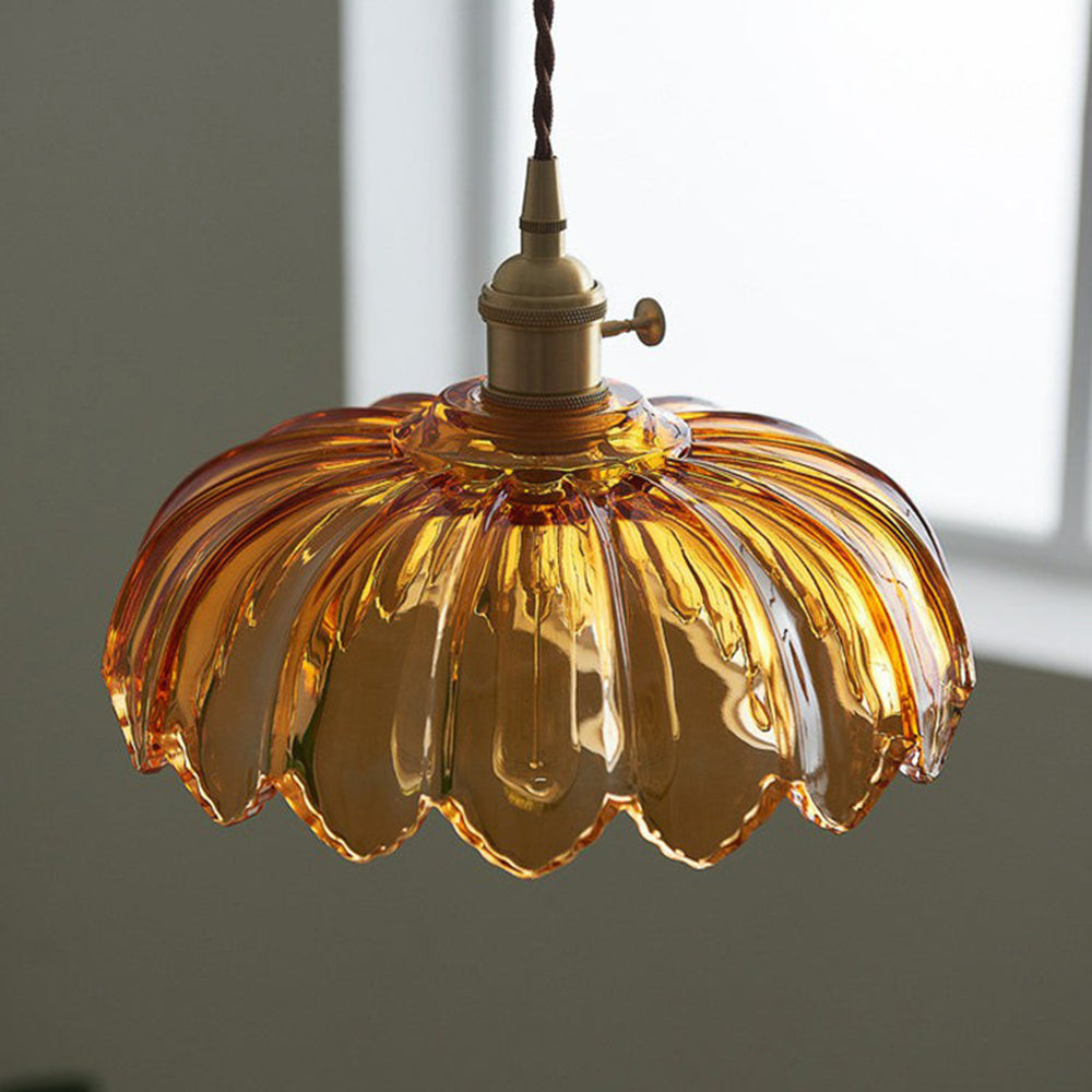 Vintage Floral Glass Pendant Lamp with Copper Details