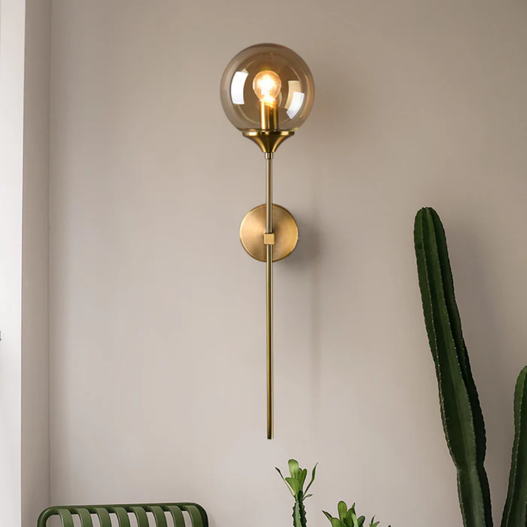 Aurelia Glass Wall Light With Smoked Orb And Gold Frame