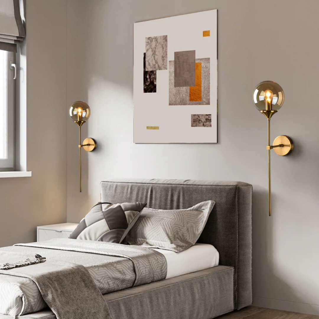 Aurelia Glass Wall Light With Smoked Orb And Gold Frame