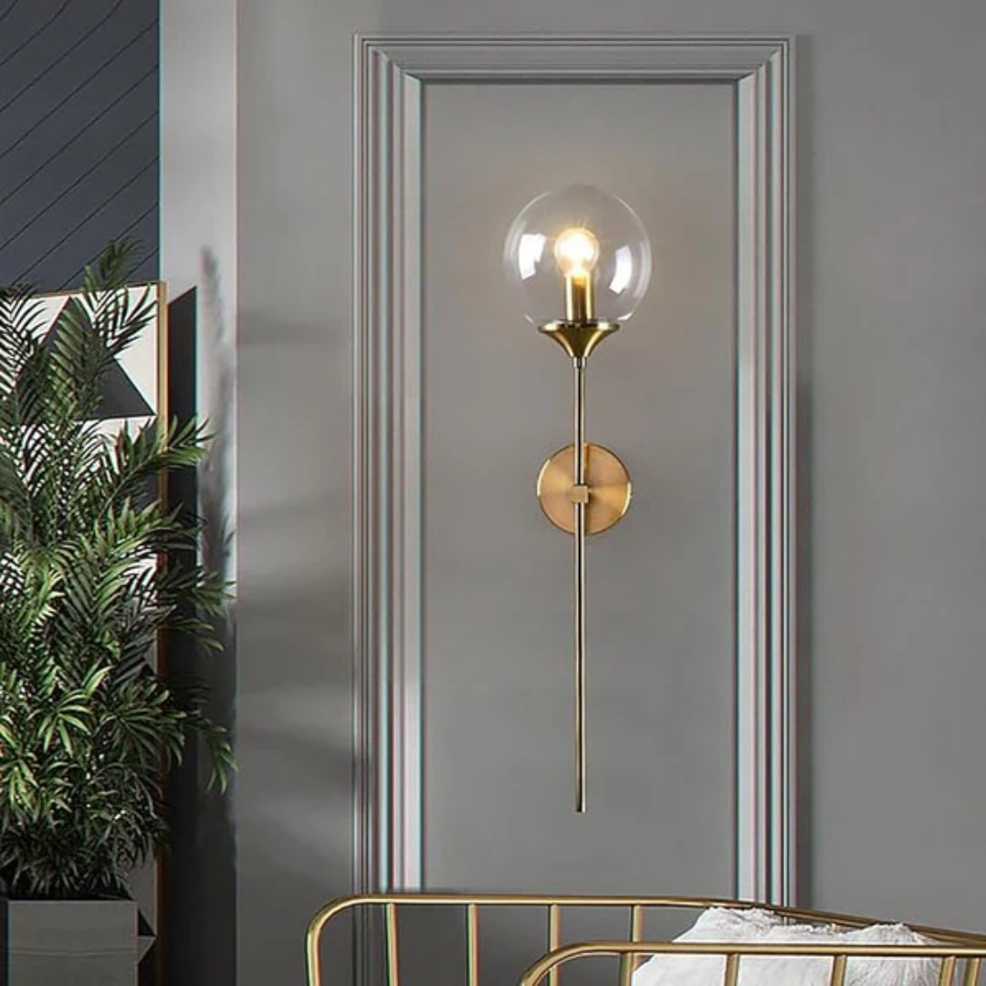 Aurelia Glass Wall Light With Smoked Orb And Gold Frame