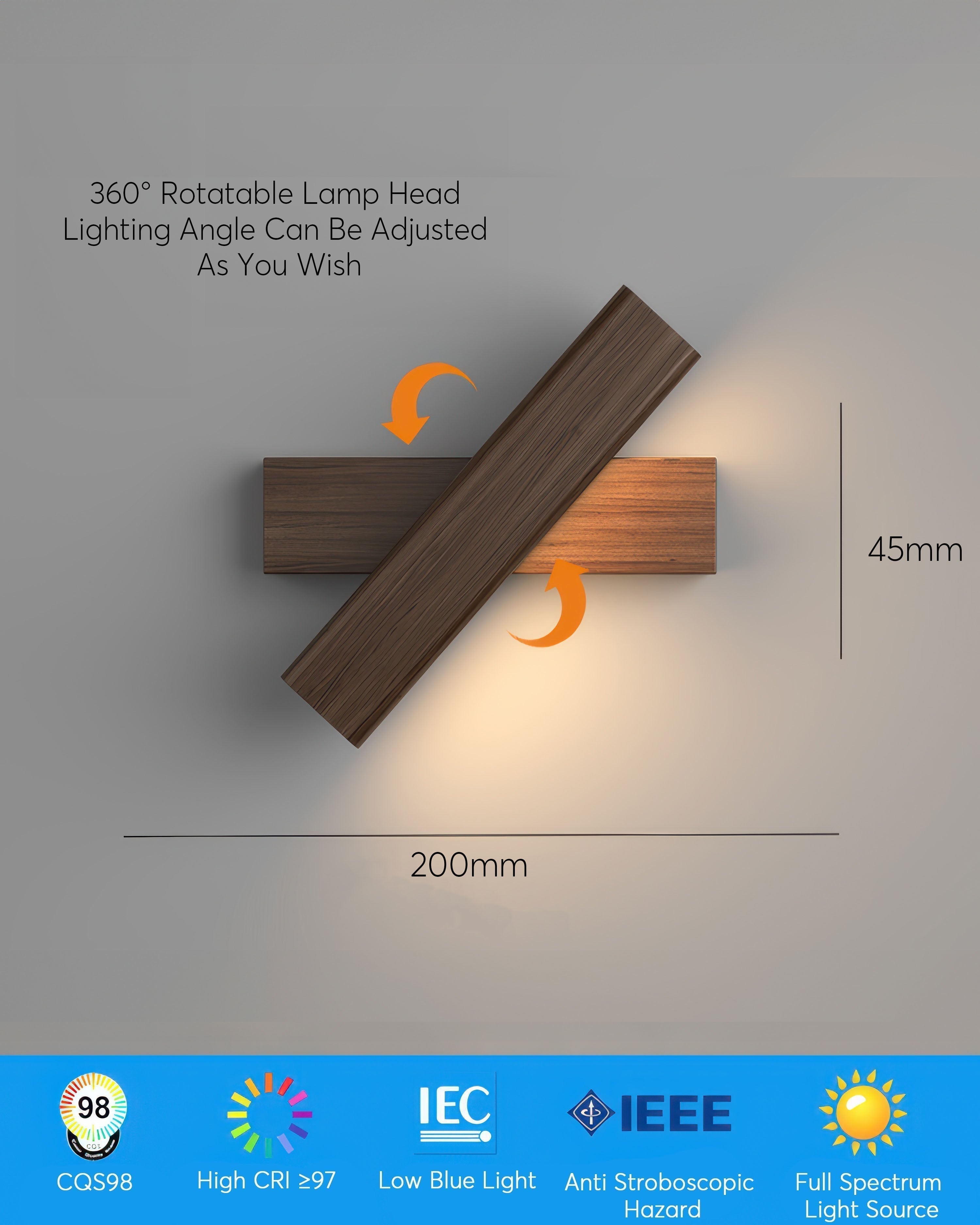 Skogly Nordic Wood Grain Wall Light Adjustable Rotatable Arm For Bedroom Living Room And Study Areas