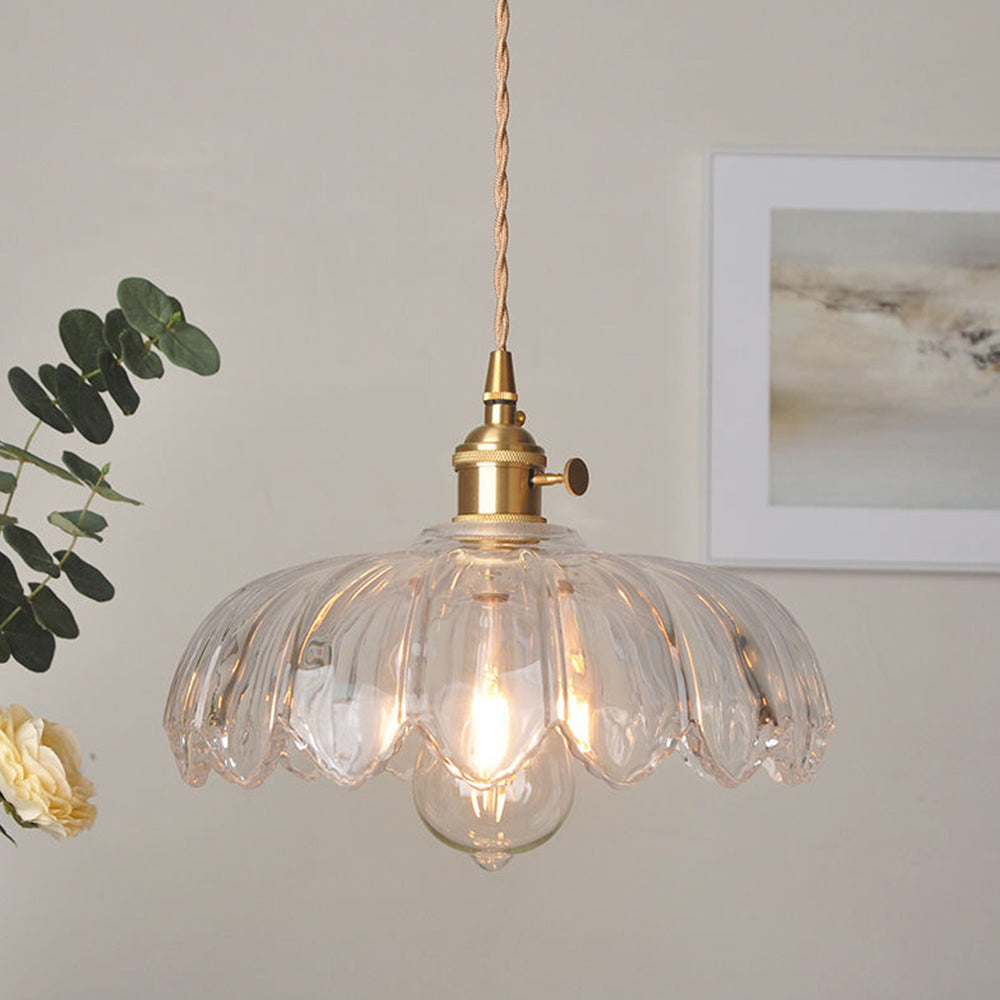 Vintage Floral Glass Pendant Lamp with Copper Details