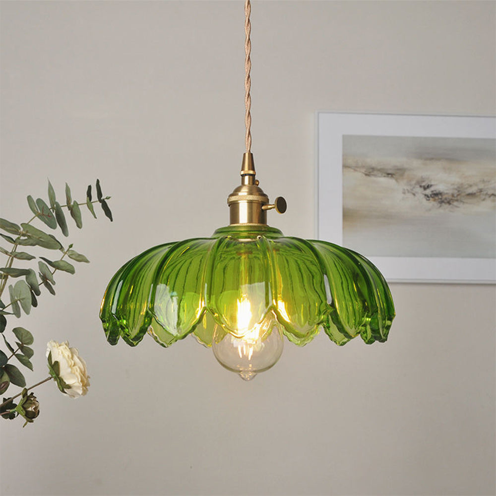 Vintage Floral Glass Pendant Lamp with Copper Details