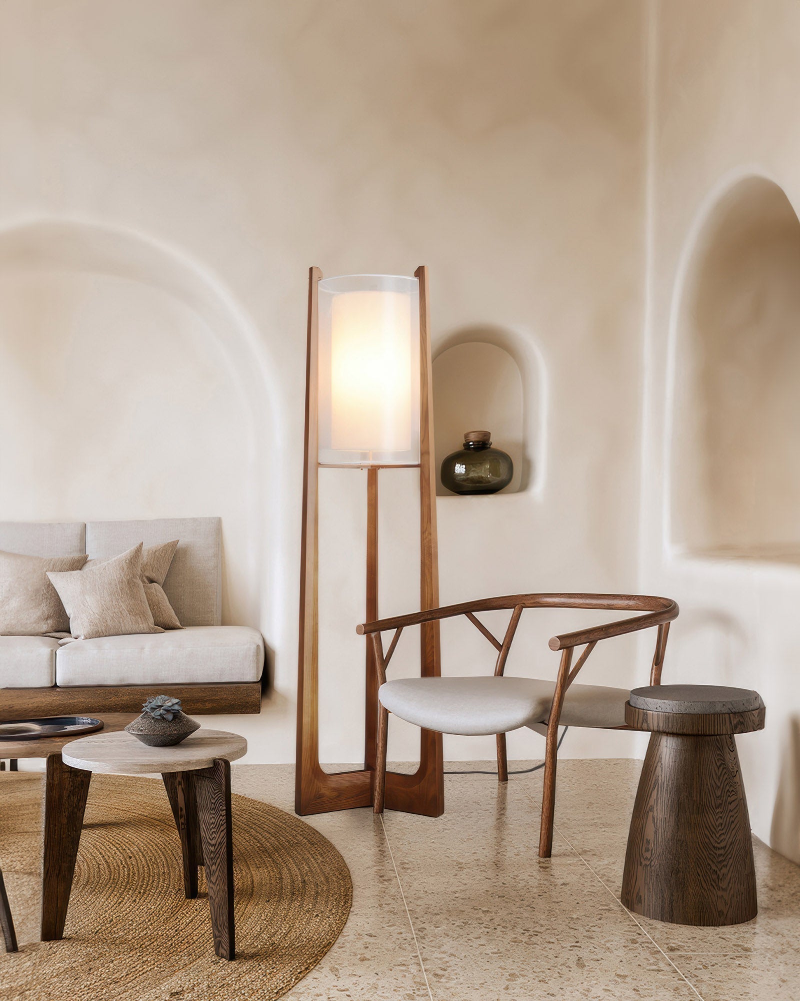 Arelle Walnut Harmony Floor Lamp In Ash Wood And Needle Wire Cloth For Minimalist Zen Lighting