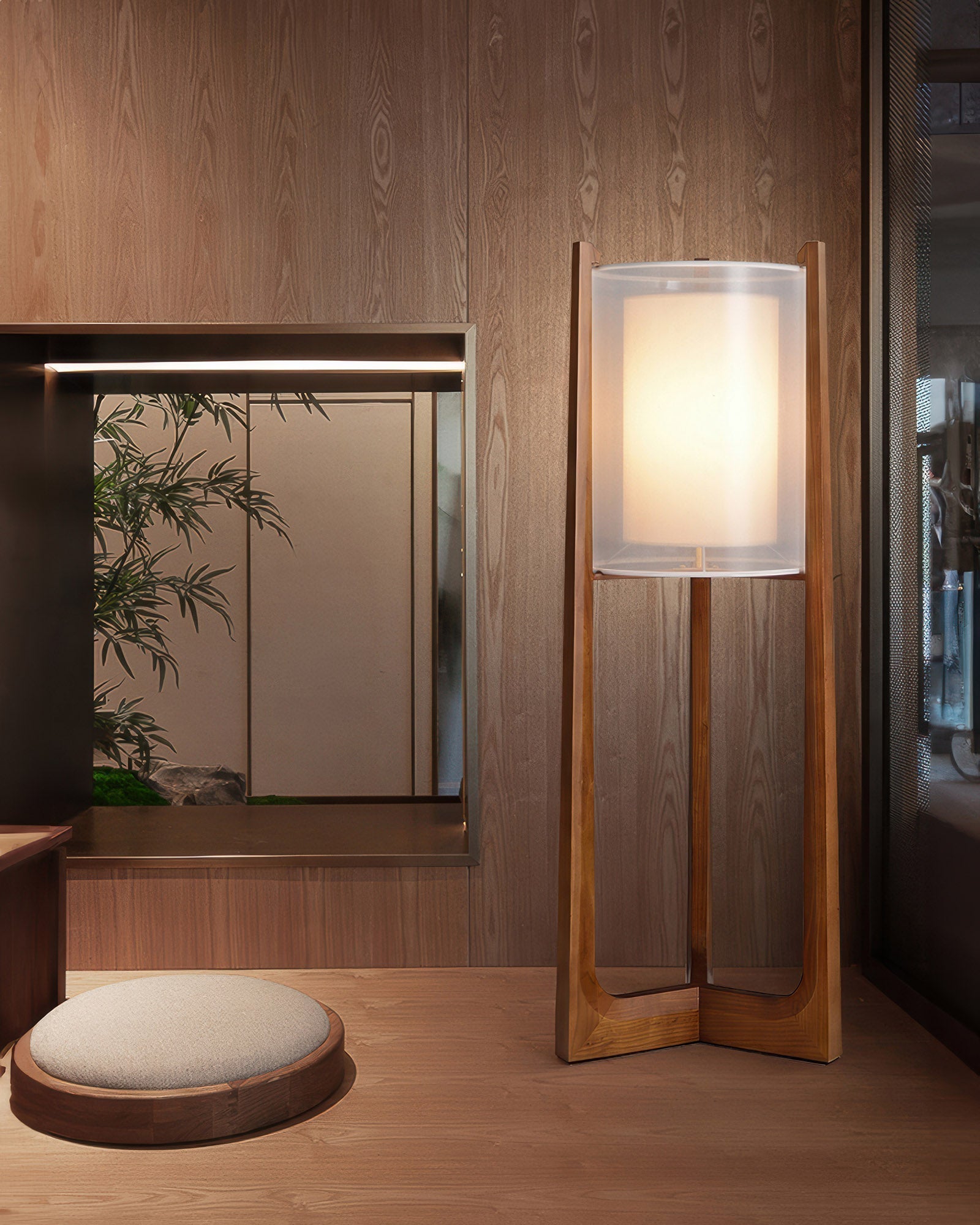 Arelle Walnut Harmony Floor Lamp In Ash Wood And Needle Wire Cloth For Minimalist Zen Lighting