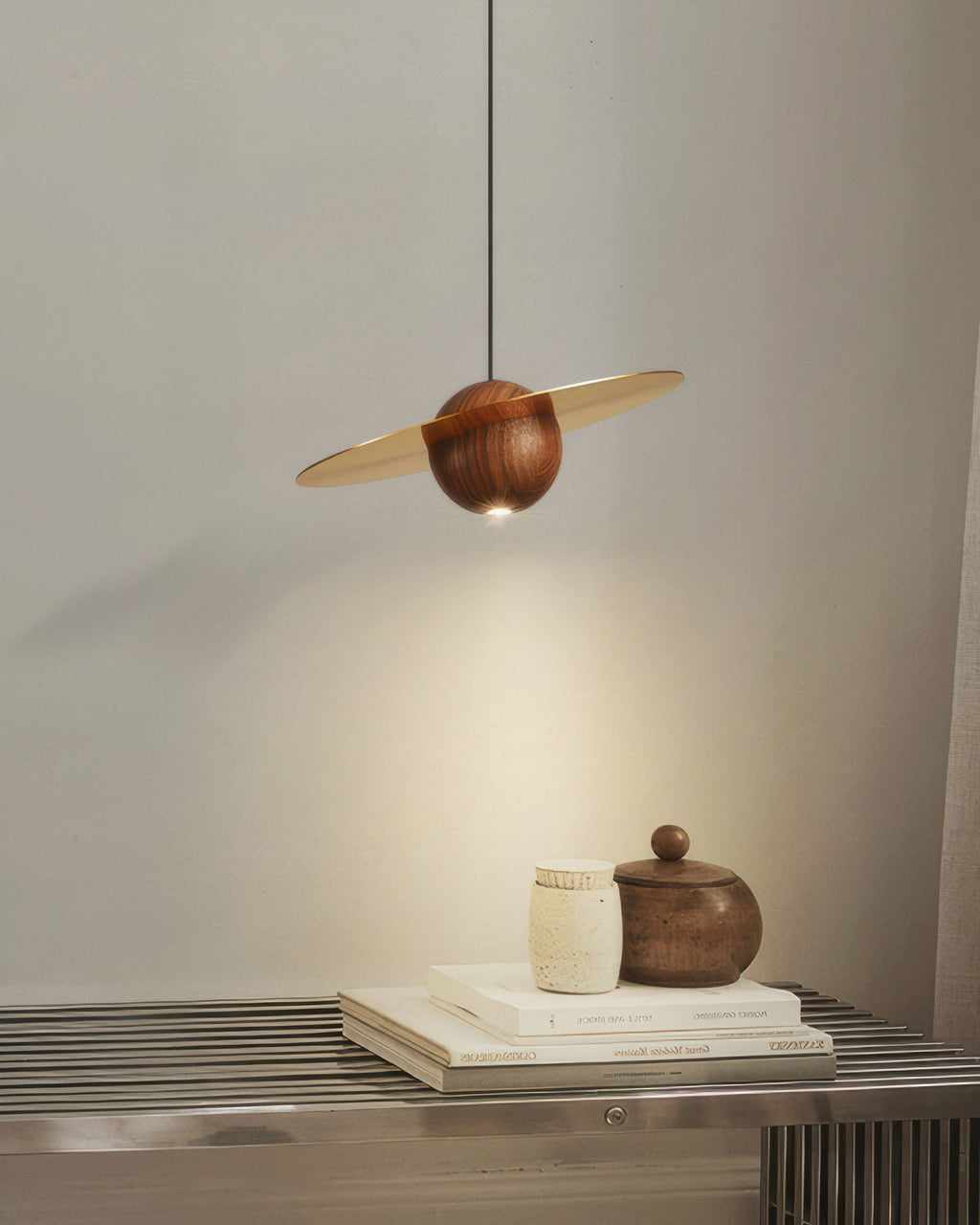 Marinor Walnut And Brass Flying Saucer Pendant Light With Mid Century Modern Silhouette