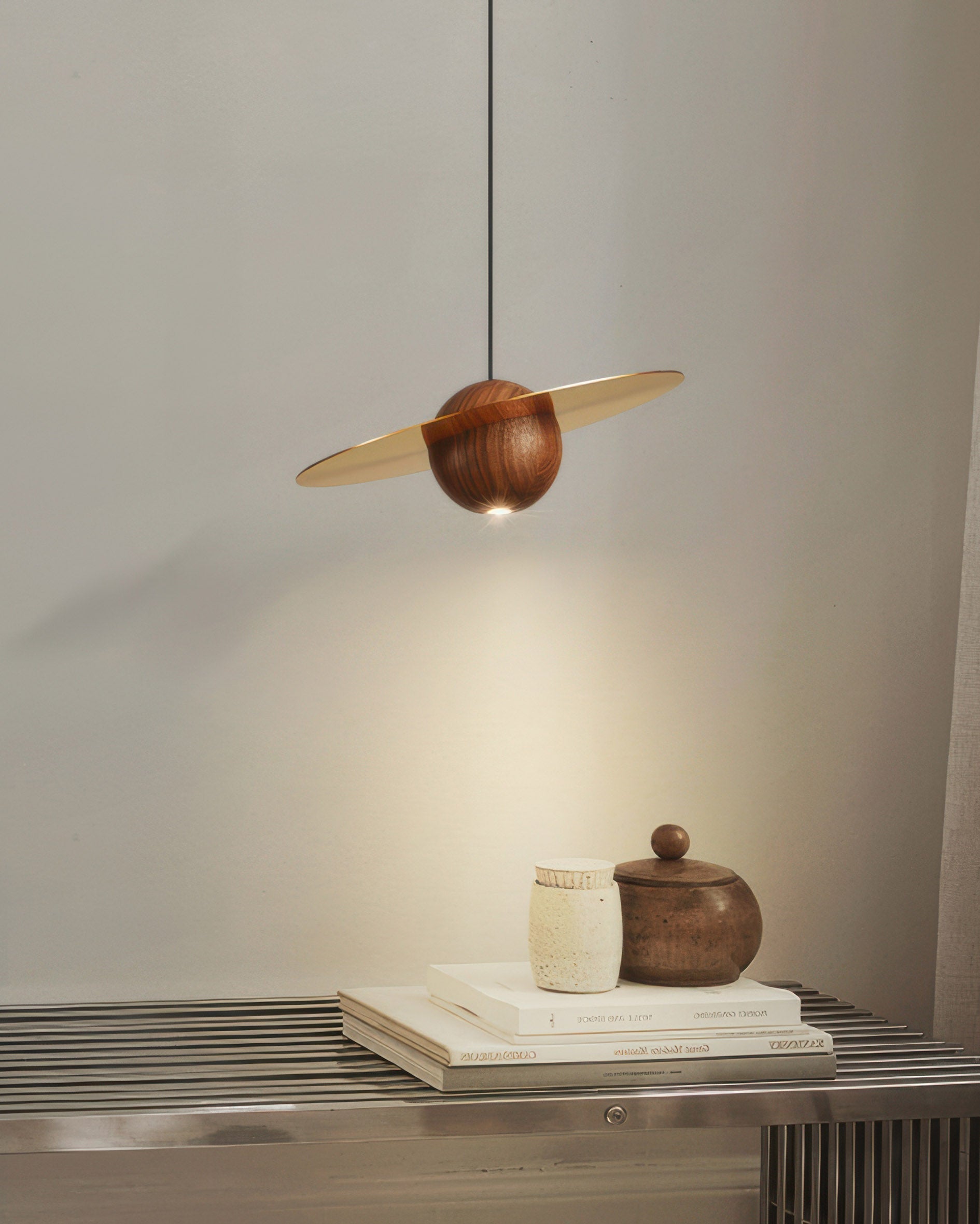 Marinor Walnut And Brass Flying Saucer Pendant Light With Mid Century Modern Silhouette