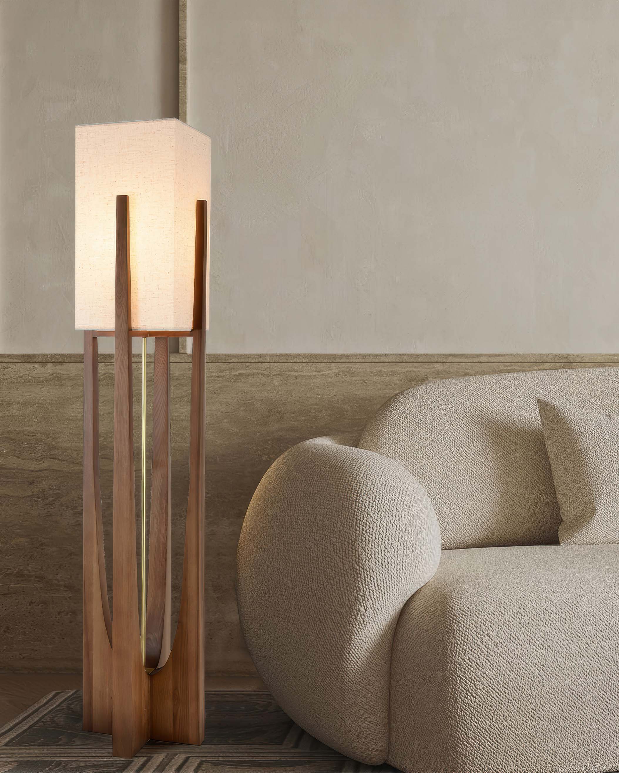 Haru Japanese Inspired Walnut Floor Lamp With Brass Accents And Minimalist Design