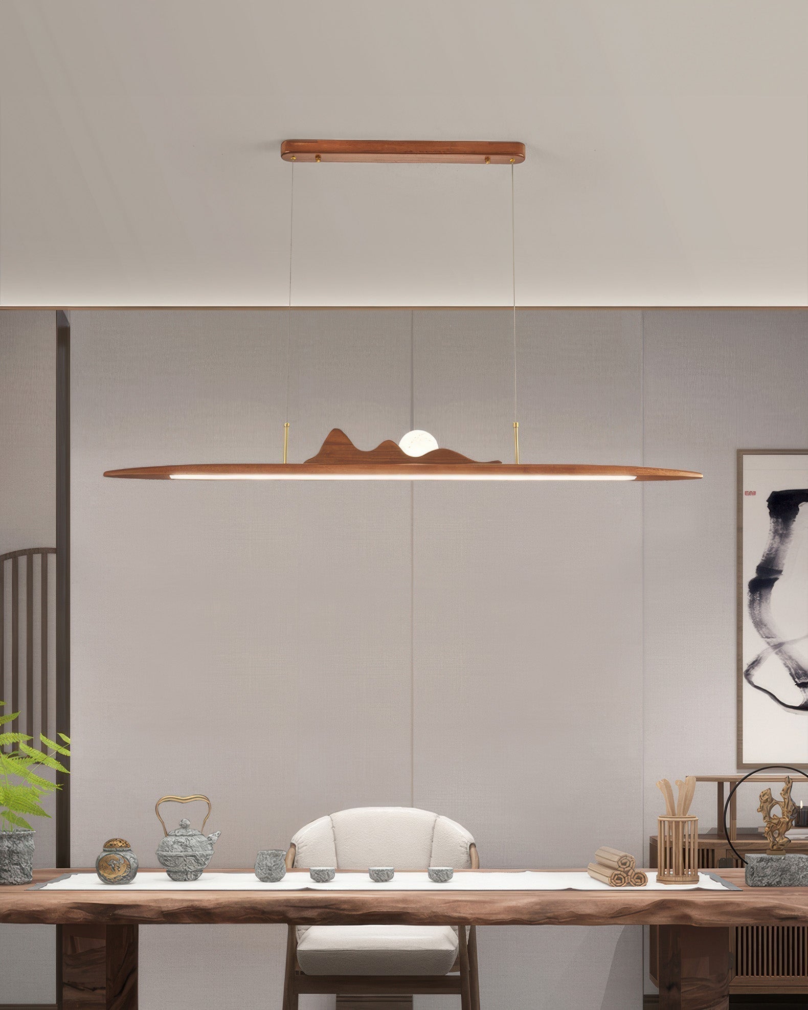 Karima One Line Minimalist Wooden Strip Pendant Lamp In Wabi Sabi Style For Modern Interiors