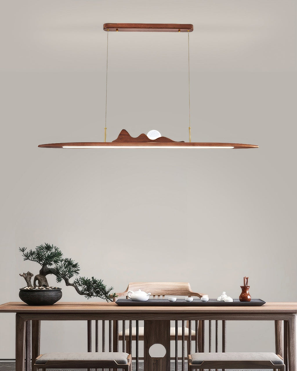 Karima One Line Minimalist Wooden Strip Pendant Lamp In Wabi Sabi Style For Modern Interiors