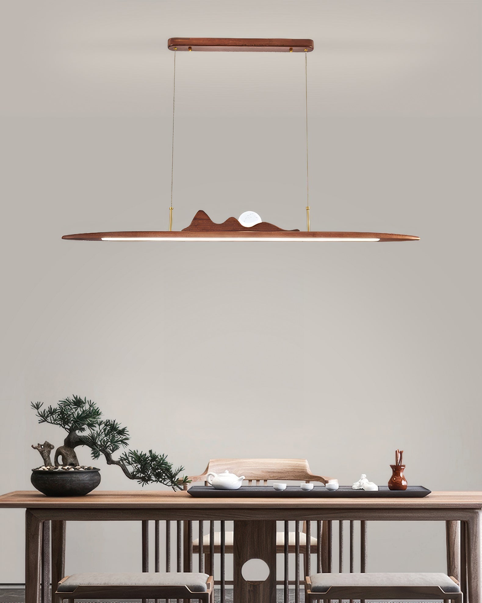 Karima One Line Minimalist Wooden Strip Pendant Lamp In Wabi Sabi Style For Modern Interiors
