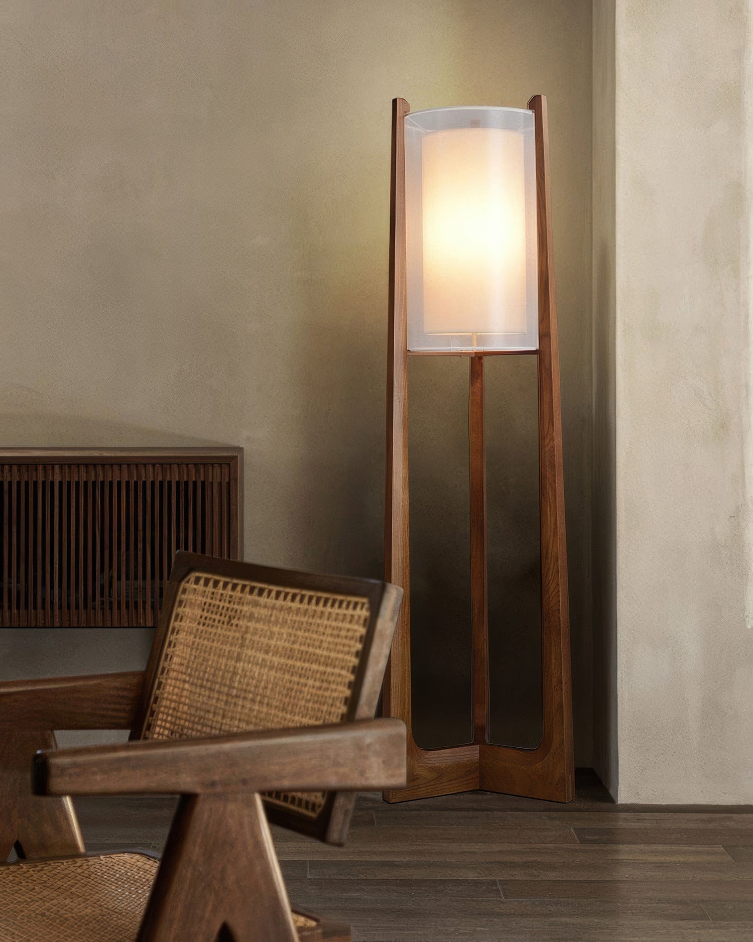 Arelle Walnut Harmony Floor Lamp In Ash Wood And Needle Wire Cloth For Minimalist Zen Lighting