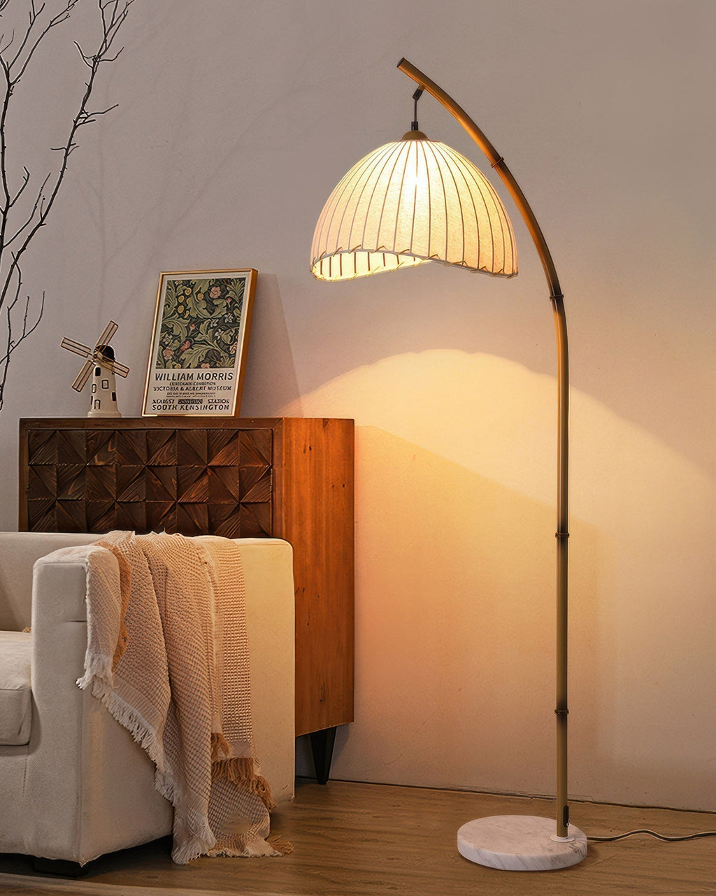 Kiyora Bamboo Inspired Floor Lamp With Fabric Shade Soft Ambient Glow For Calm Living Spaces