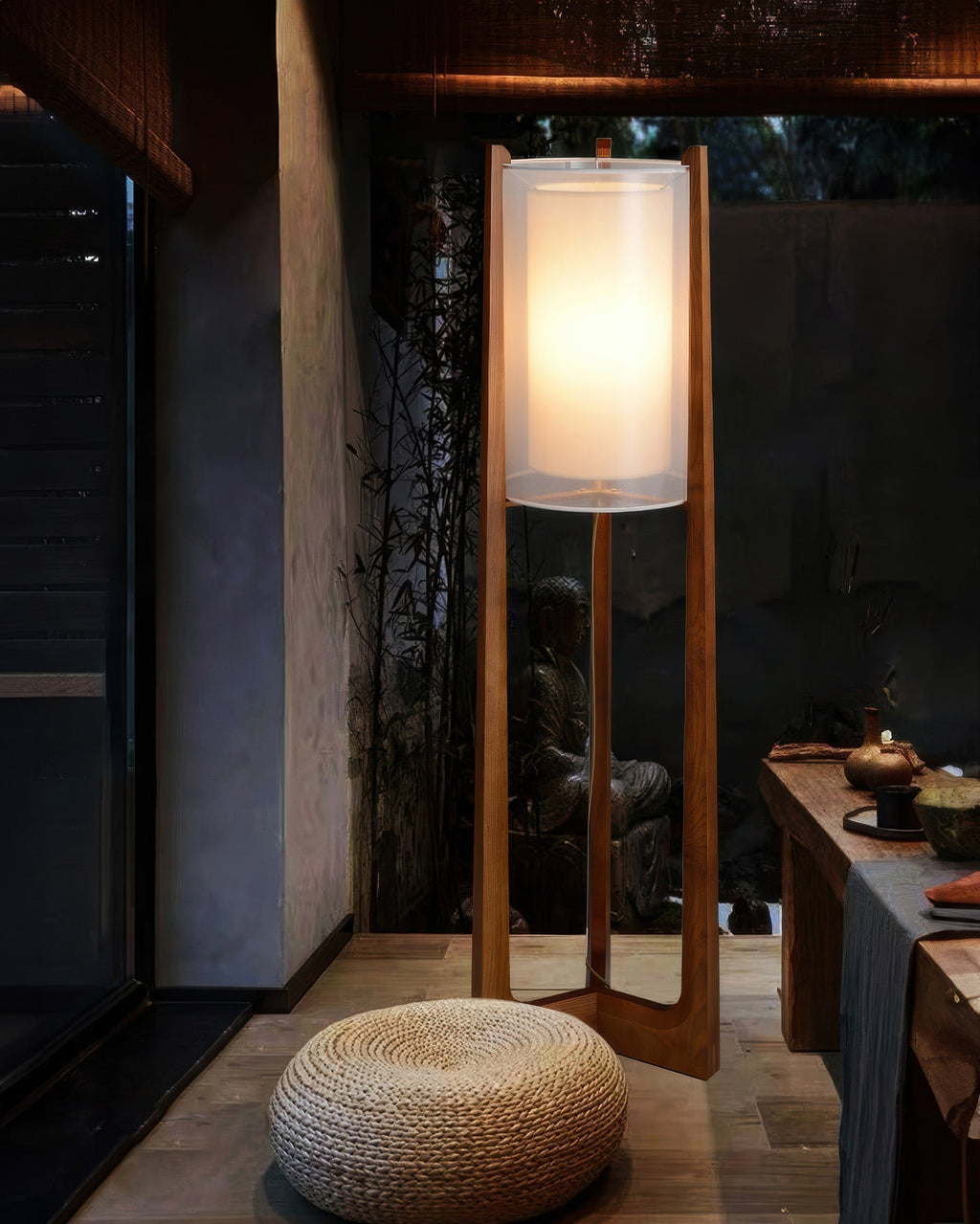 Arelle Walnut Harmony Floor Lamp In Ash Wood And Needle Wire Cloth For Minimalist Zen Lighting