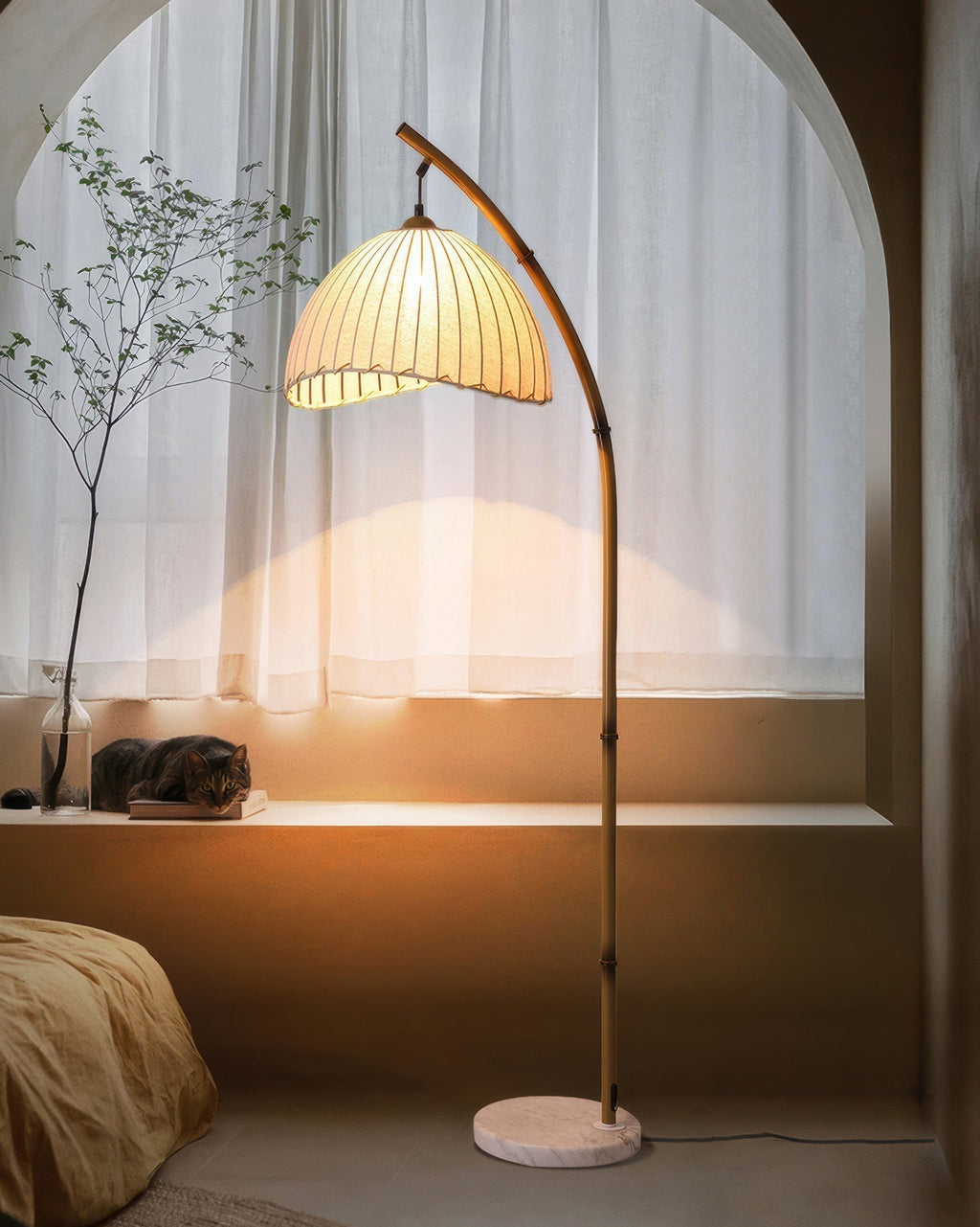 Kiyora Bamboo Inspired Floor Lamp With Fabric Shade Soft Ambient Glow For Calm Living Spaces