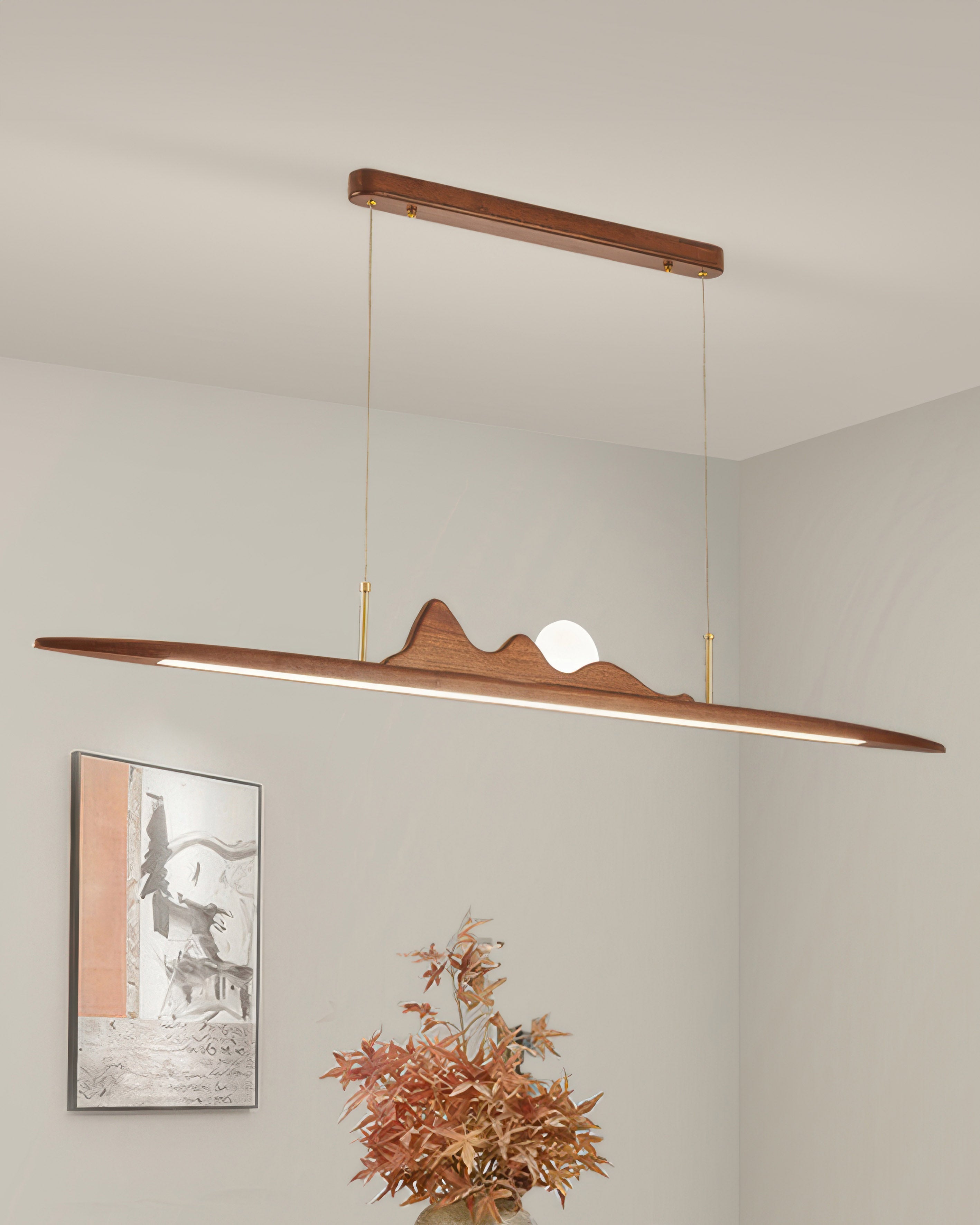 Karima One Line Minimalist Wooden Strip Pendant Lamp In Wabi Sabi Style For Modern Interiors