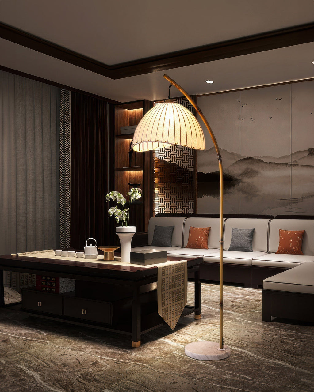 Kiyora Bamboo Inspired Floor Lamp With Fabric Shade Soft Ambient Glow For Calm Living Spaces