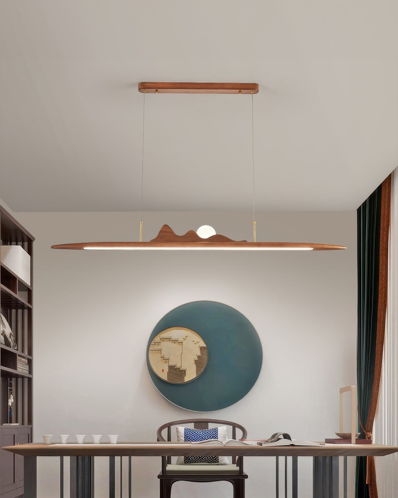 Karima One Line Minimalist Wooden Strip Pendant Lamp In Wabi Sabi Style For Modern Interiors
