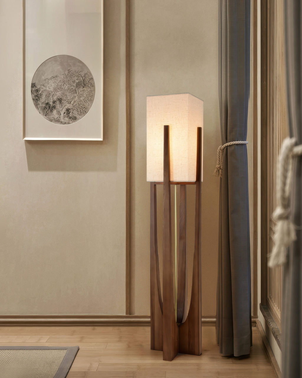 Haru Japanese Inspired Walnut Floor Lamp With Brass Accents And Minimalist Design