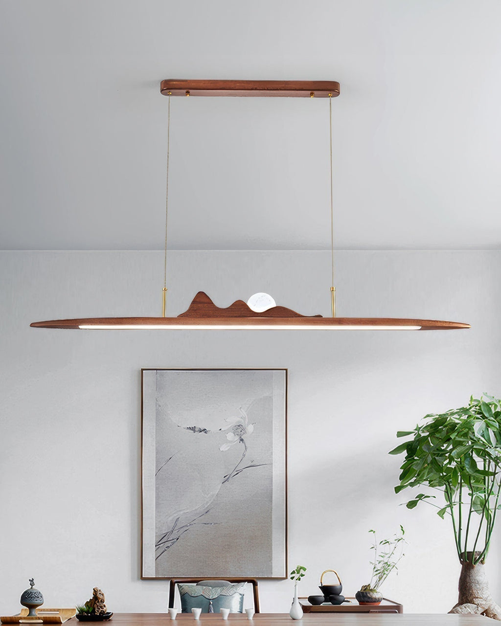 Karima One Line Minimalist Wooden Strip Pendant Lamp In Wabi Sabi Style For Modern Interiors