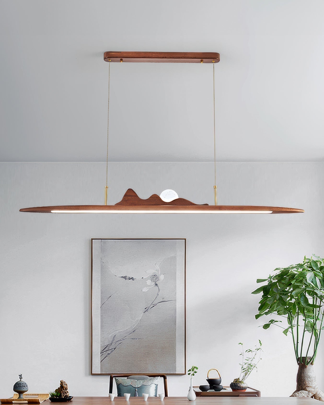 Karima One Line Minimalist Wooden Strip Pendant Lamp In Wabi Sabi Style For Modern Interiors