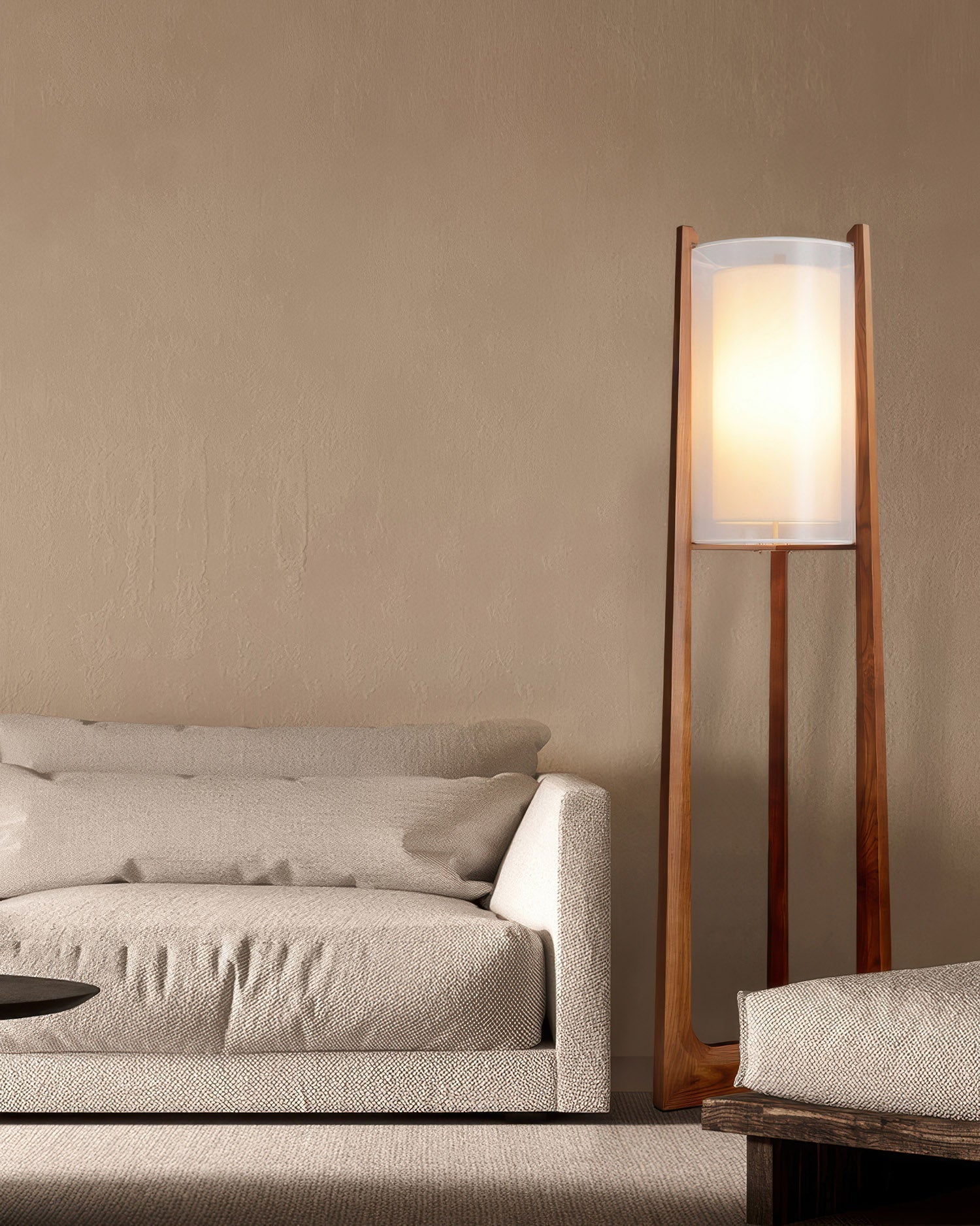 Arelle Walnut Harmony Floor Lamp In Ash Wood And Needle Wire Cloth For Minimalist Zen Lighting