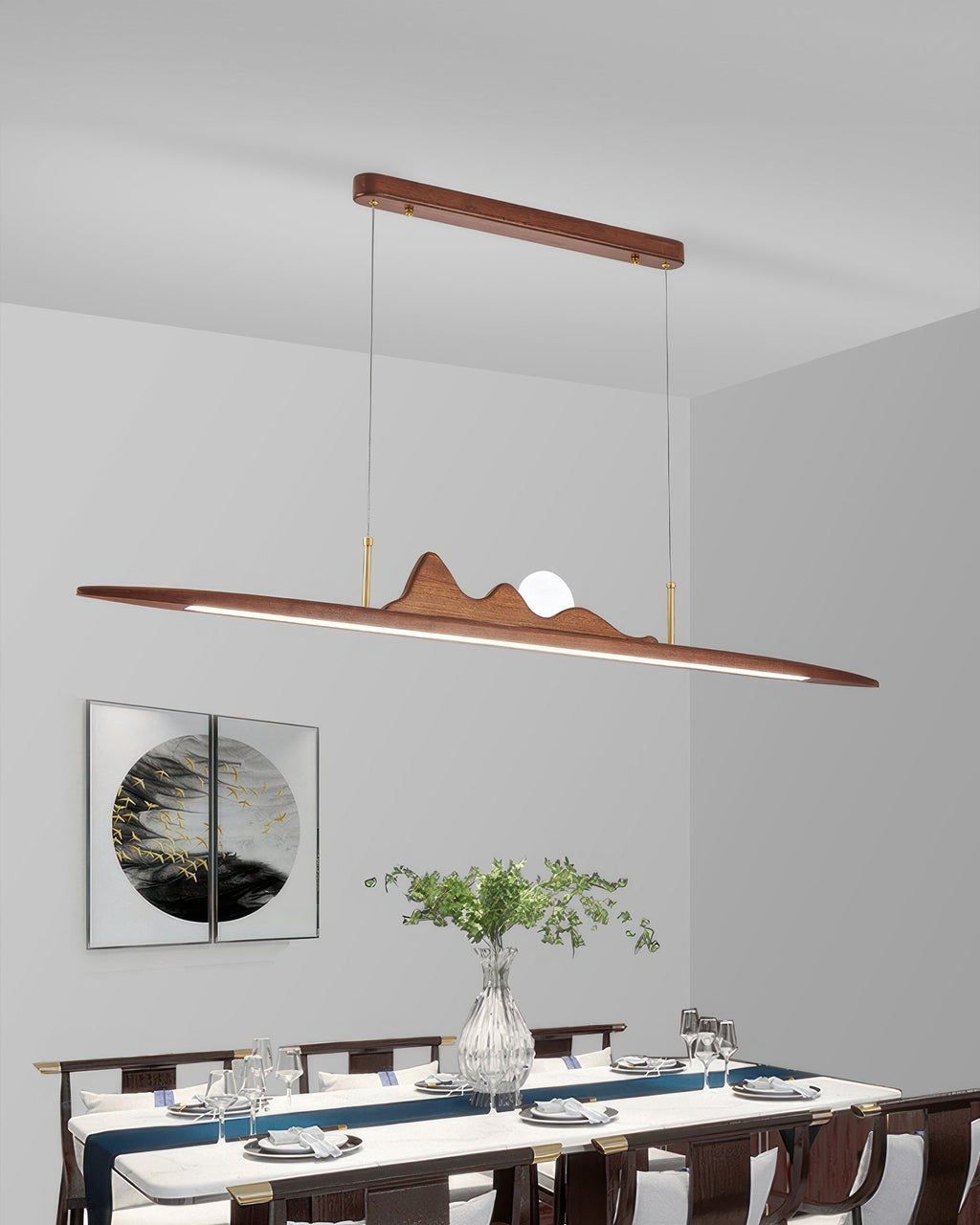 Karima One Line Minimalist Wooden Strip Pendant Lamp In Wabi Sabi Style For Modern Interiors