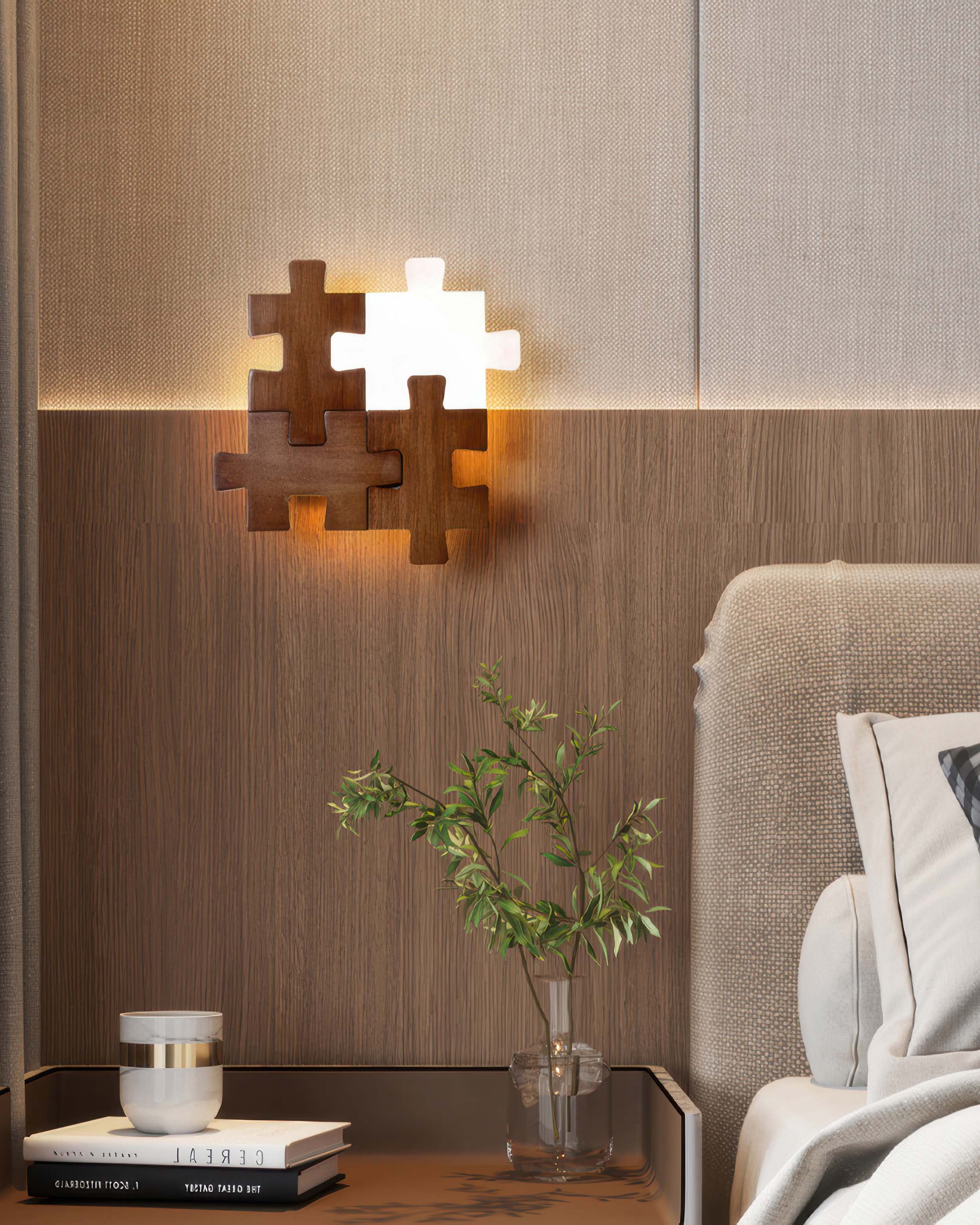 Nordlyn Wood Puzzle LED Wall Sconce Lamp In Modern Nordic Minimalist Style For Ambient Room Lighting