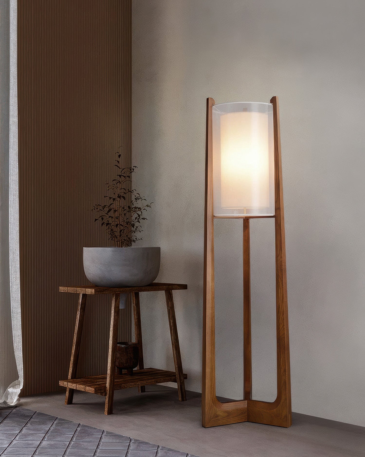 Arelle Walnut Harmony Floor Lamp In Ash Wood And Needle Wire Cloth For Minimalist Zen Lighting