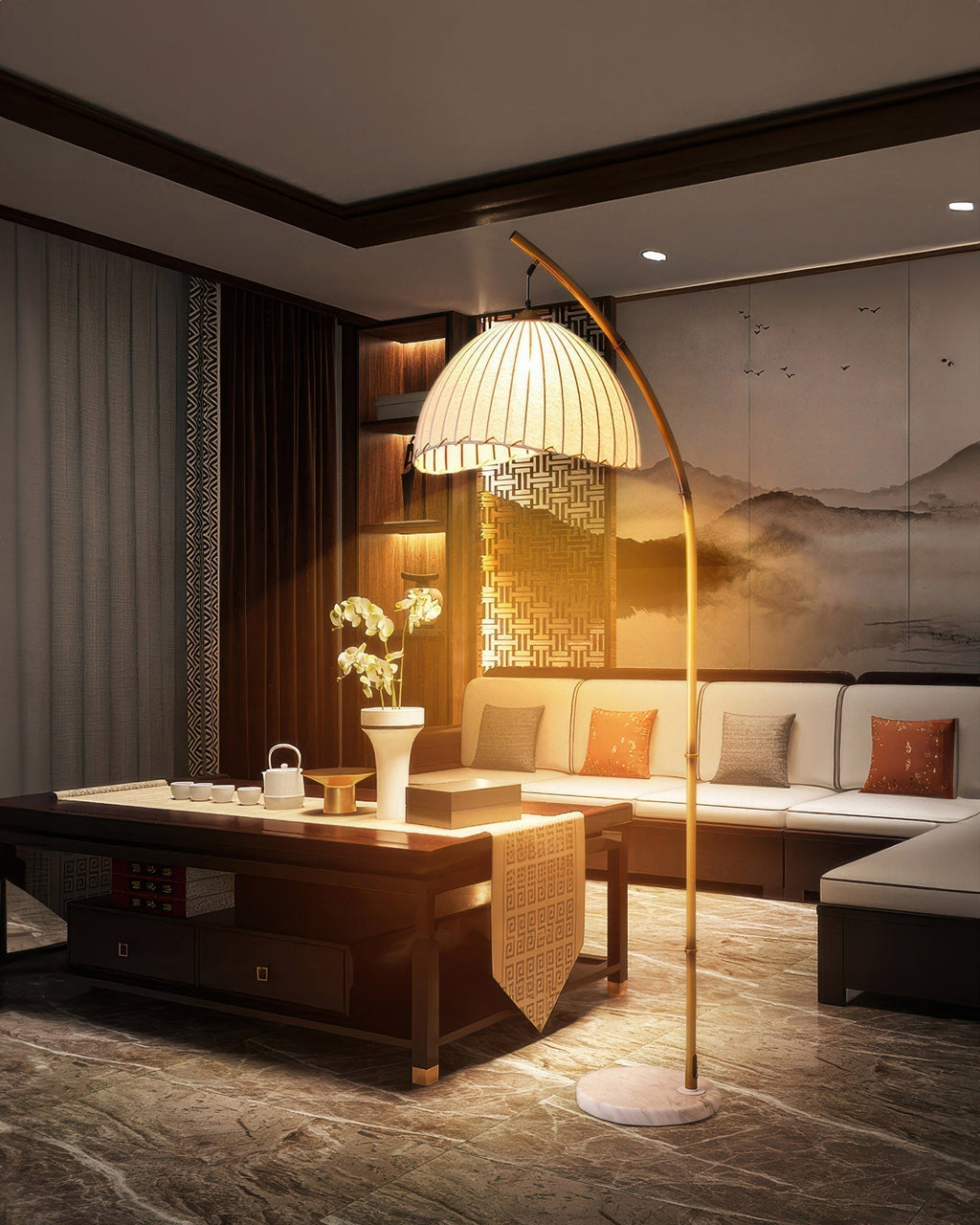 Kiyora Bamboo Inspired Floor Lamp With Fabric Shade Soft Ambient Glow For Calm Living Spaces