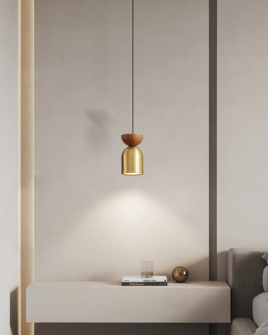 Marinor Walnut And Brass Flying Saucer Pendant Light With Mid Century Modern Silhouette