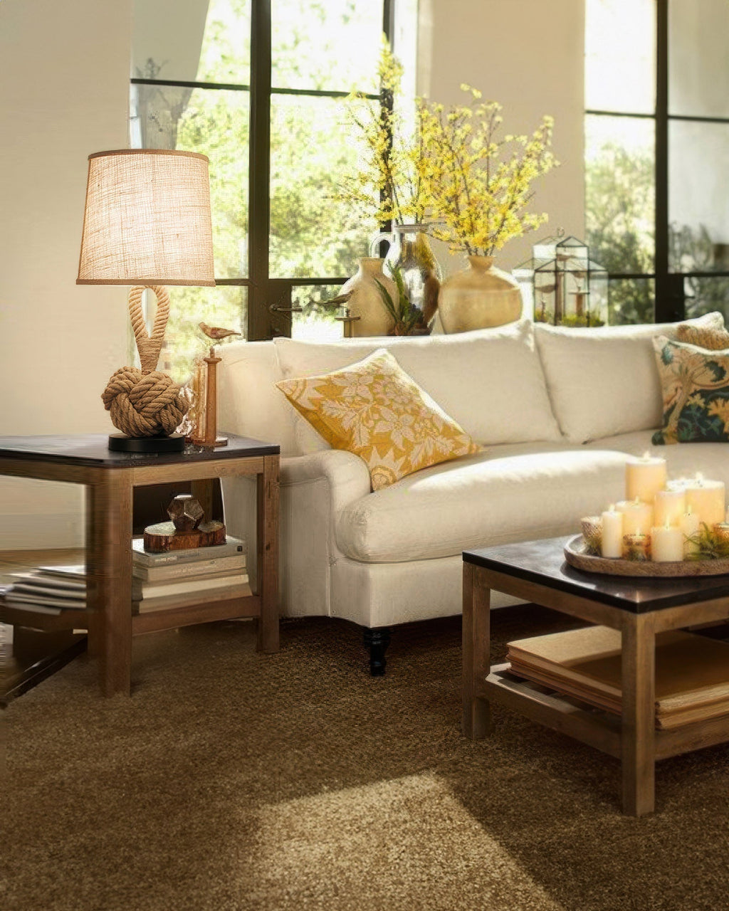 Lámpara de mesa de cuerda de cáñamo rústica Marinell con pantalla de lino y casquillo para bombilla E27 para iluminación acogedora del hogar