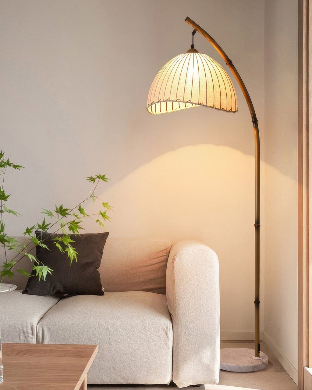 Kiyora Bamboo Inspired Floor Lamp With Fabric Shade Soft Ambient Glow For Calm Living Spaces