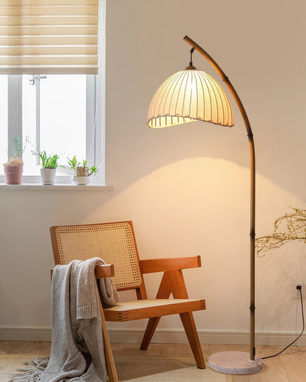 Kiyora Bamboo Inspired Floor Lamp With Fabric Shade Soft Ambient Glow For Calm Living Spaces
