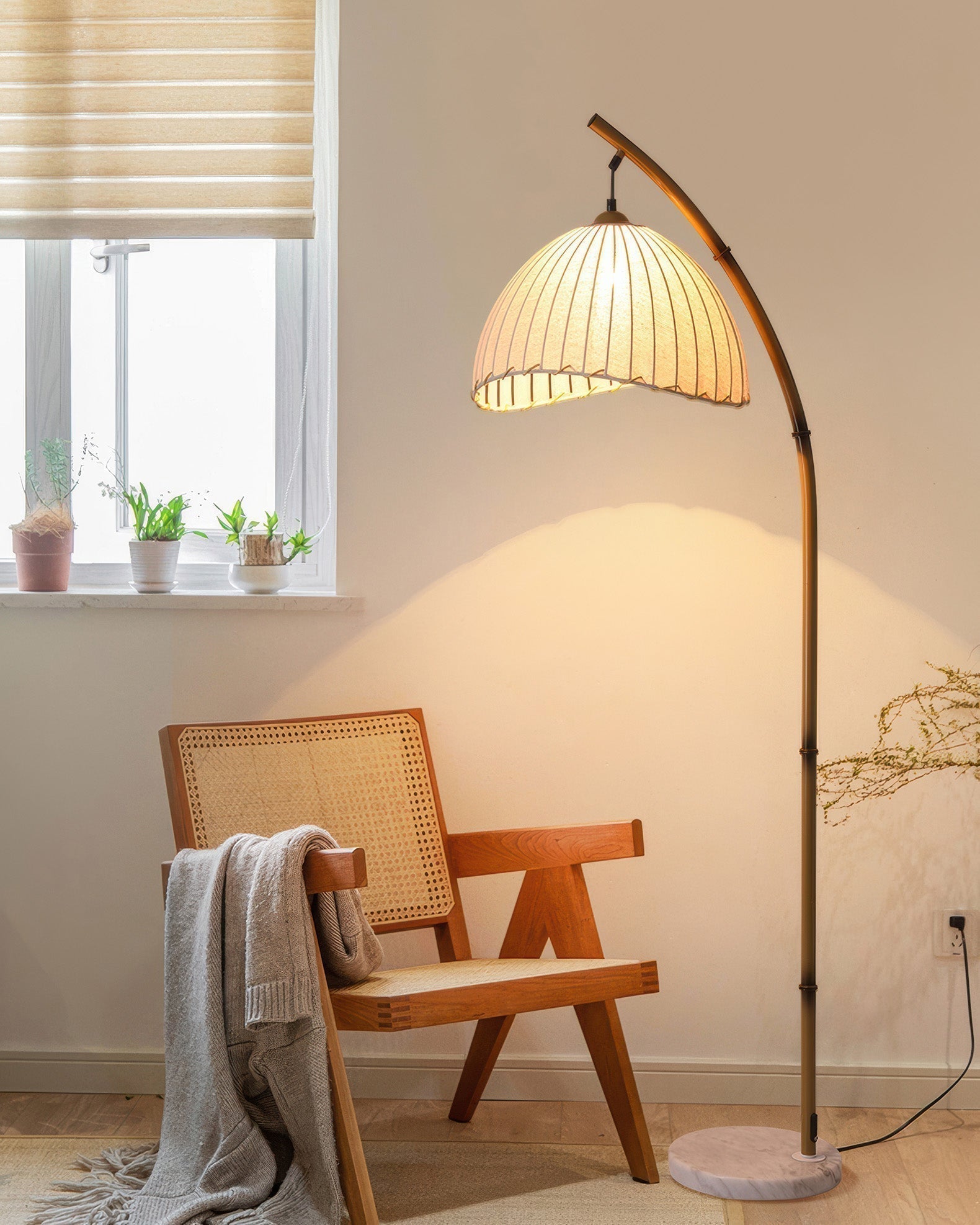 Kiyora Bamboo Inspired Floor Lamp With Fabric Shade Soft Ambient Glow For Calm Living Spaces