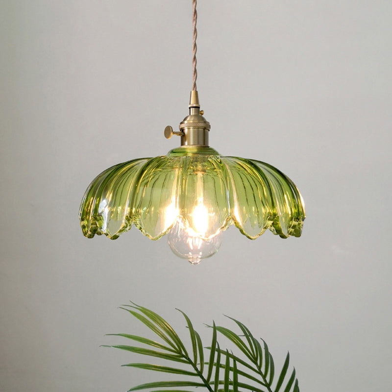 Vintage Floral Glass Pendant Lamp with Copper Details