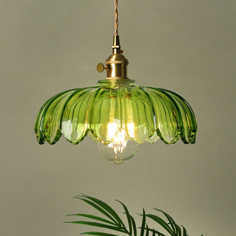 Vintage Floral Glass Pendant Lamp with Copper Details