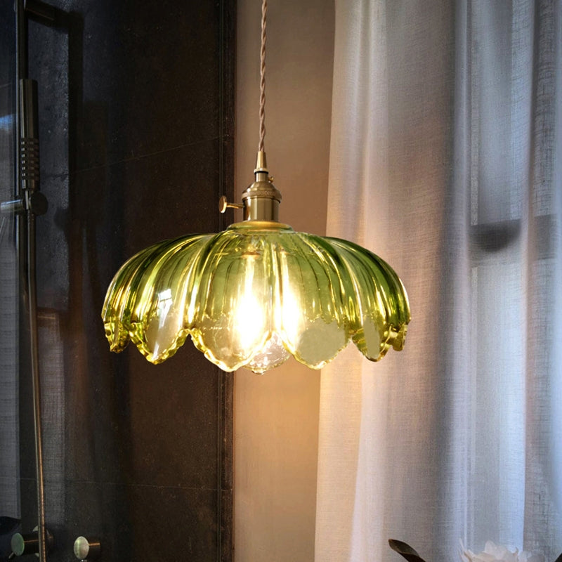 Vintage Floral Glass Pendant Lamp with Copper Details