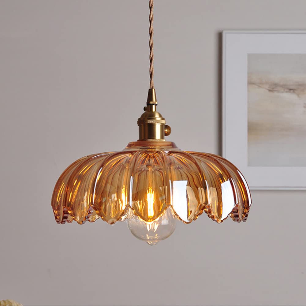 Vintage Floral Glass Pendant Lamp with Copper Details
